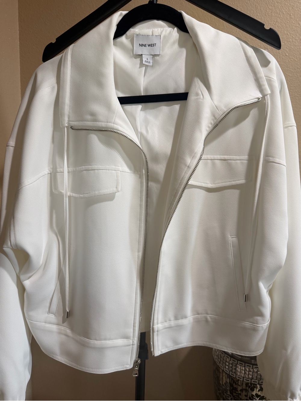 Nine West Cream Zip-Front Bomber Jacket